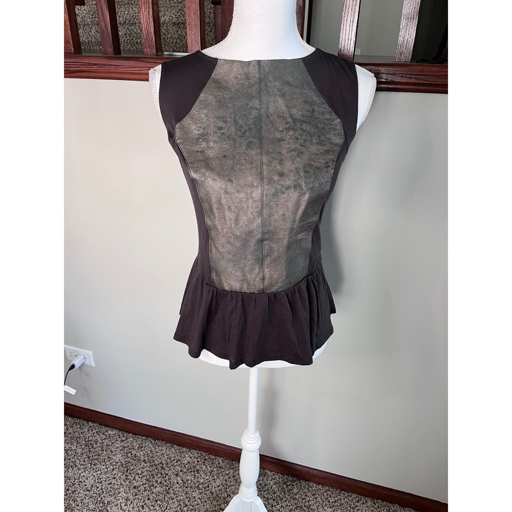 Michael Stars Womens Brown Supima Cotton Leather Peplum Top LTR89 Small